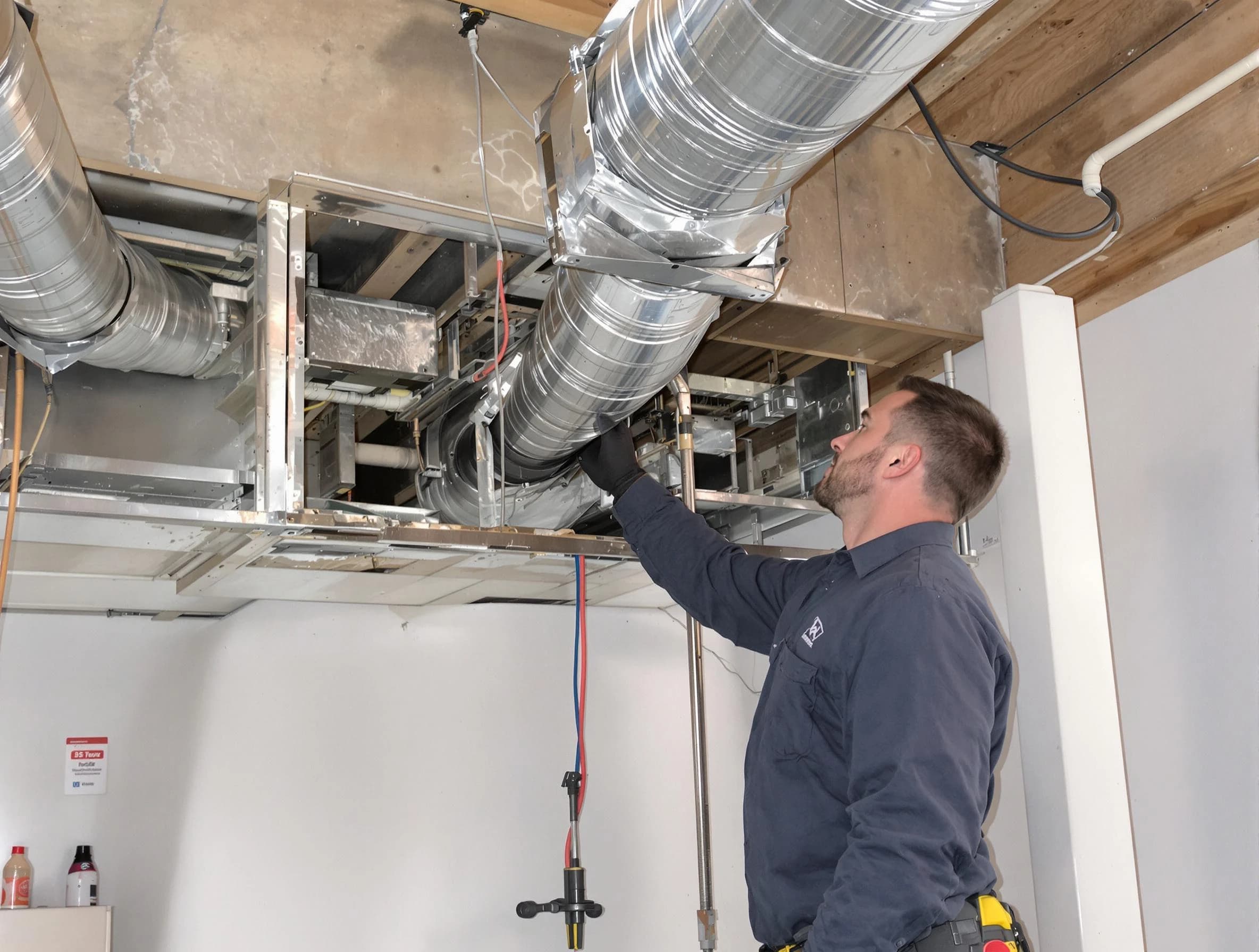 Clinton Air Duct Cleaning technician performing professional air duct repair using specialized tools in Clinton
